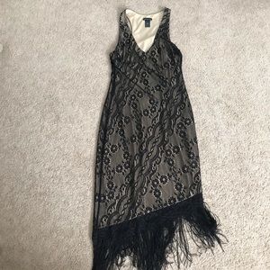 BlAck lace racer back dress with tan underlay